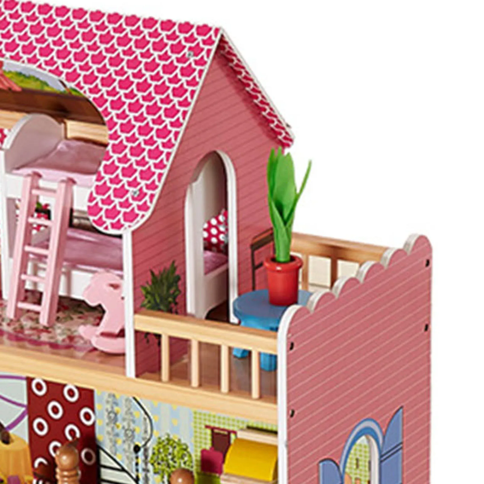 บ้านตุ๊กตา 3 ชั้น ทำจากไม้ พร้อมระเบียง บันได เฟอร์นิเจอร์จิ๋ว ของขวัญสำหรับเด็กชายและเด็กหญิง ขนาด 65*30*99 ซม.