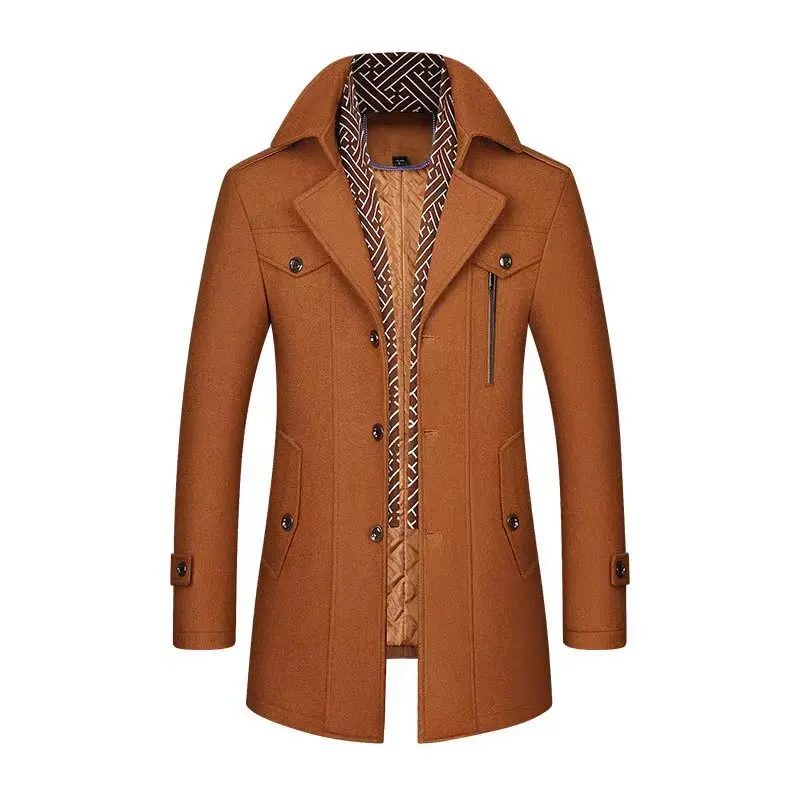 Winter Men Wool Coats New Fashion Male Middle Long Scarf Collar Cotton-Padded Thicken Warm Woolen Coat Man Trench Coat Overcoat