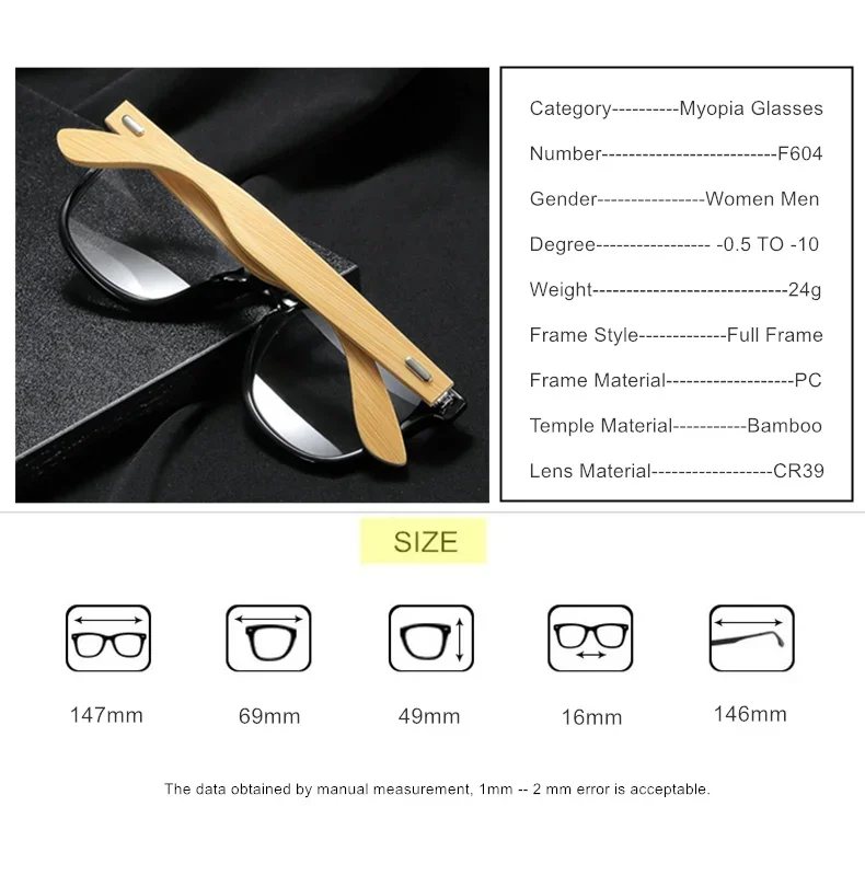 Benutzerdefinierte Myopie-Brille mit Rezept -0,5 bis -8,0 Damen Herren Mode-Bambus-Brillenbrille Blaulichtblockierende oder photochrome Gläser F604 – Detail 10