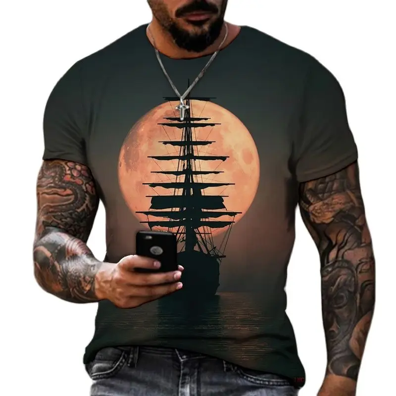 Camisetas Vintage de barco para hombre, Camiseta de manga corta con cuello redondo y estampado 3D de barco pirata para hombre, camisetas de gran