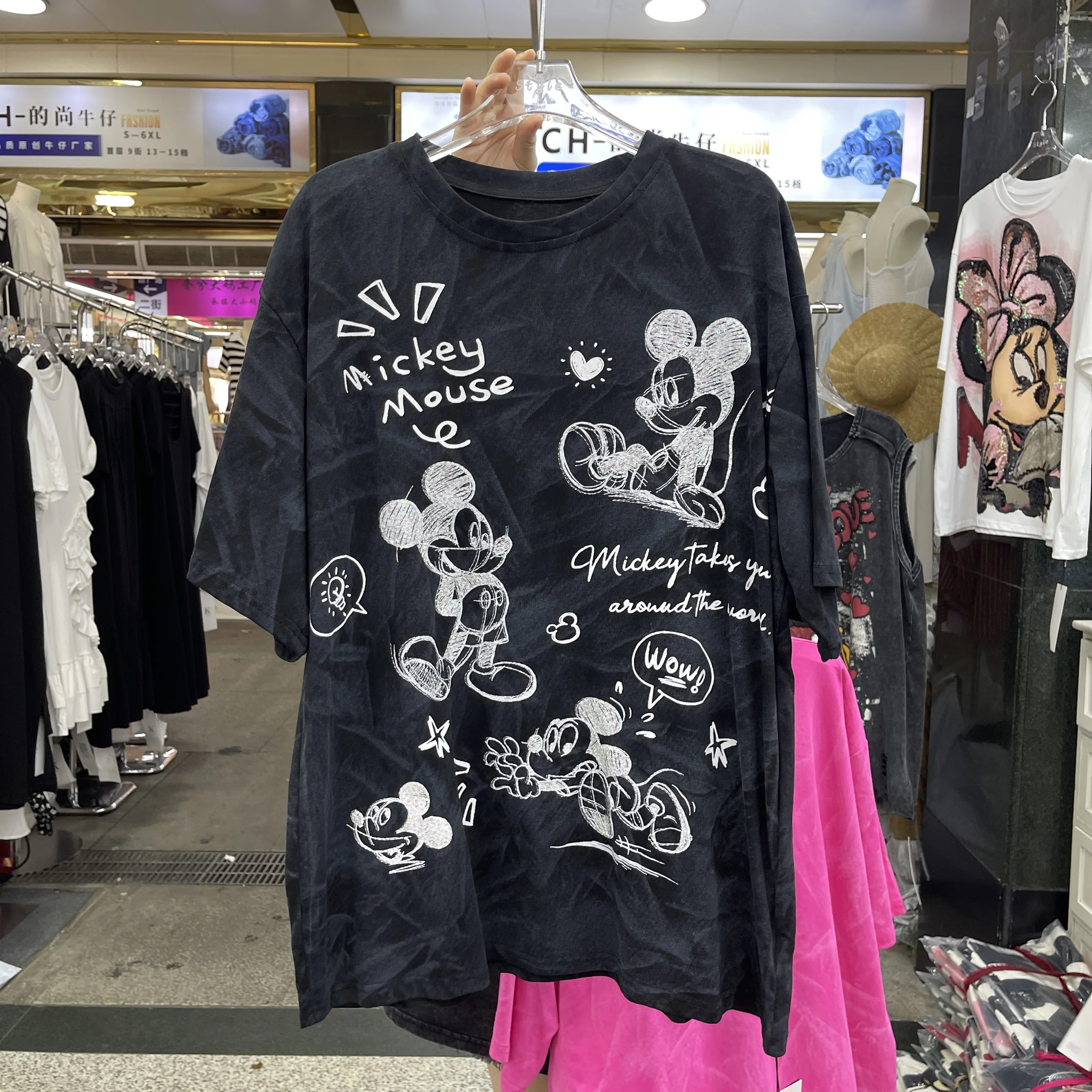 

Trendy Sequins Mickey Embroidery Oversize Women T-shirt Spring Summer O-neck Pullover Top All-match Students Cotton Basic Tees