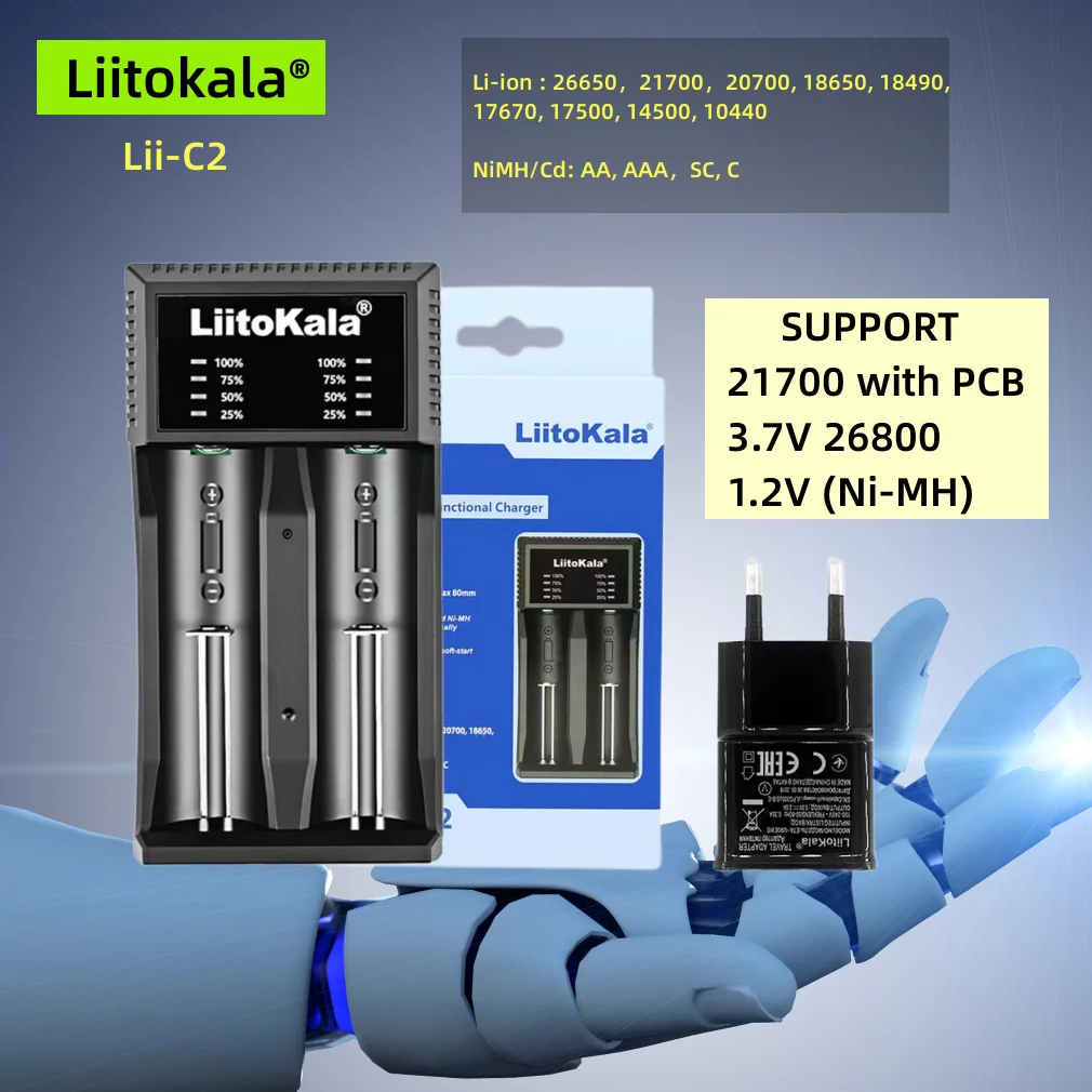 LiitoKala Lii-C2 Universal 3.7V Battery Charger Fits 18650 21700 26650 26800 1.2V AA AAA SC Batteries Can Load 21700 With PCB