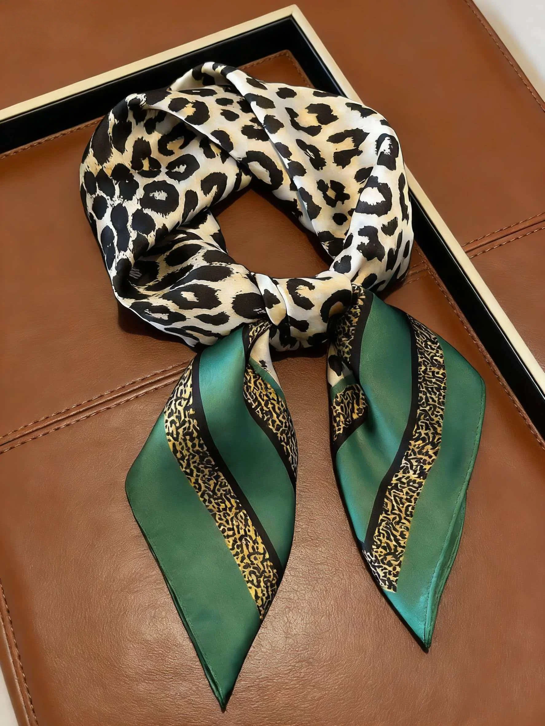 

Fashion Leopard Print Women's Scarf - Soft Satin Square Headscarf, 27.56x27.56 Inches, Vibrant Animal Print Shawl, Essential for