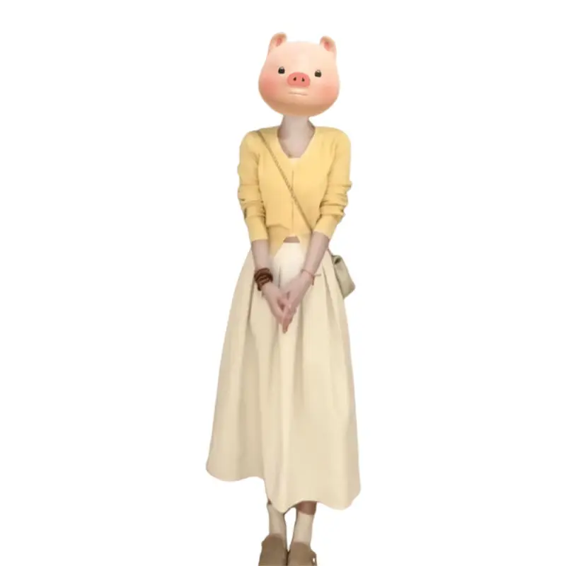 Jaune Long Sve Dr ensemble femmes nouveau Sle début automne système coréen petite taille t-shirt quart Sve coton décontracté Dr