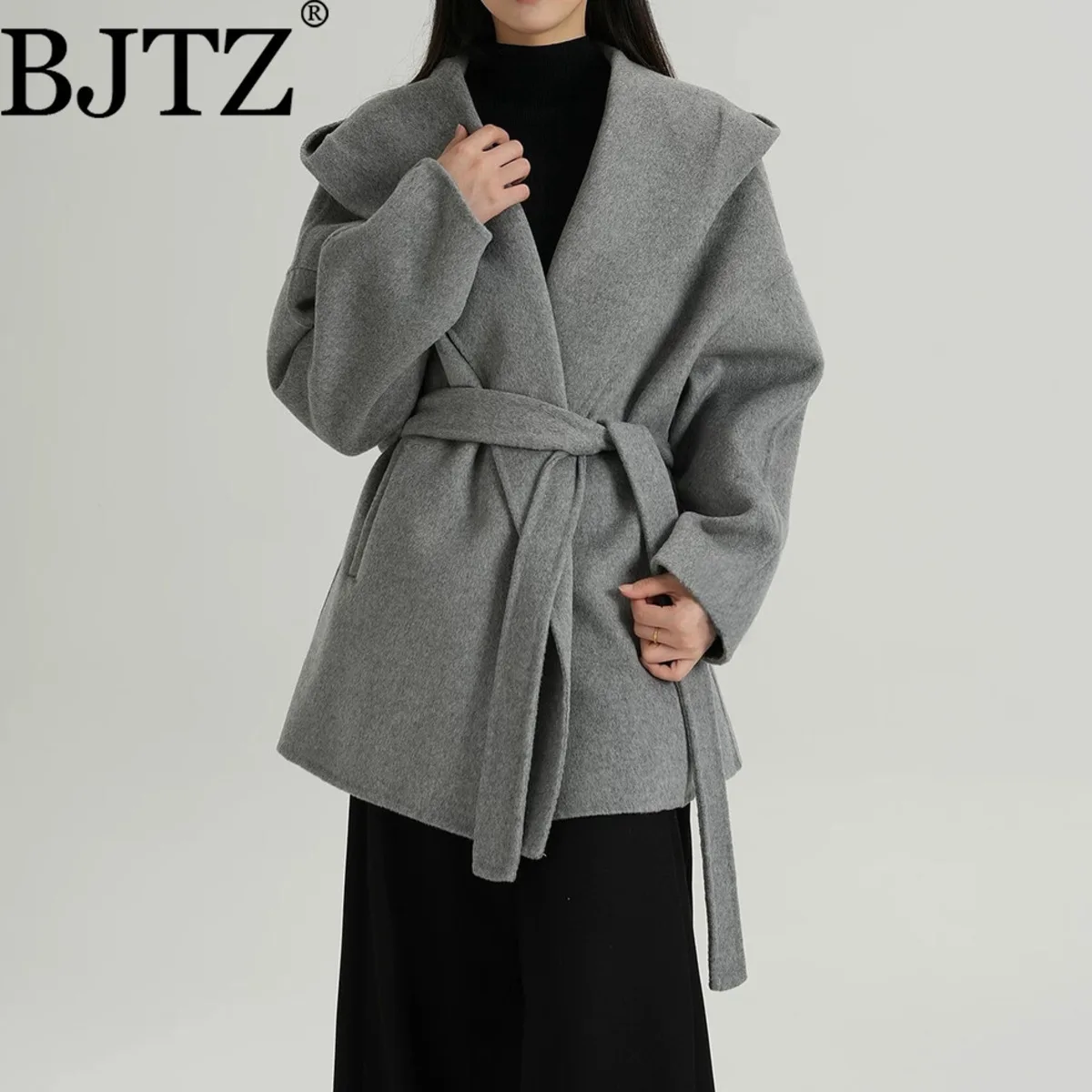 

BJTZ 2025 Women's Hooded-Belted Double-Faced Wool Coat Winter Warm Elegant Vintage Luxury Coat Pockets Chic Outerwear