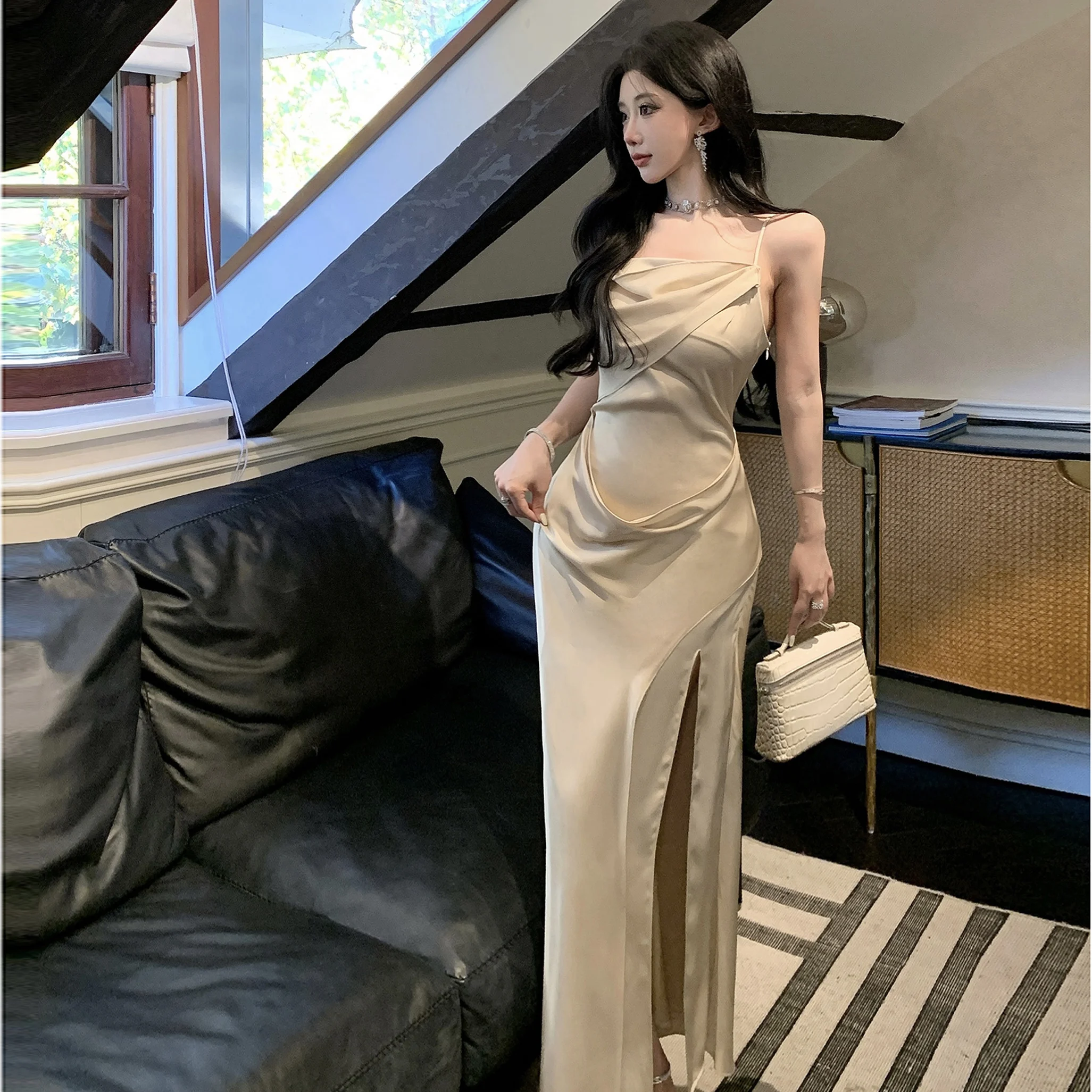 

Coigarsam Women Beach Dress Summer New Office Lady Fashion Brief Solid Spaghetti Strap Champagne Color Long Dresses