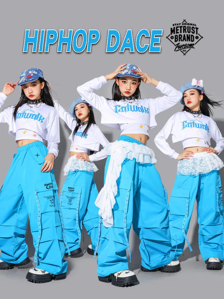 Girls Kpop Jazz Dance Clothes Long Sleeves Navel Suit Blue Cargo Pants Hip Hop Street Dance Group Performance Costume