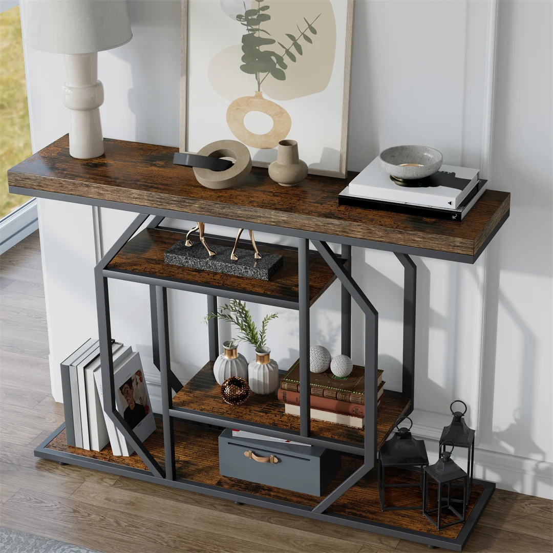 LUVODI 120cm Wood Entryway Console Table Sofa Behind Storage Table with 4 Tier Storage Shelves Metal Frame