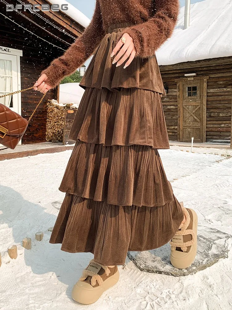 

Korean Style Casual Velvet Long Tutu Skirt For Woman Autumn Winter Loose Folds Vintage Tiered Velour Cake Skirts Lady