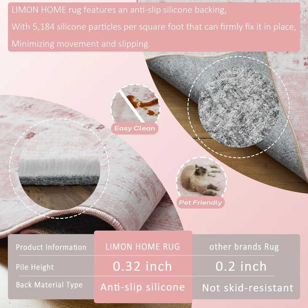 سجاد منطقة 8 × 10 مطبوع عليه زهور، فائق النعومة وغير قابل للانزلاق لغرفة المعيشة والأطفال والحضانة والسجاد الوردي الفاتح #2