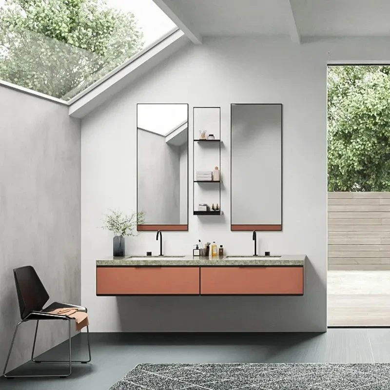 Orange bathroom cabinet, double basin, rock slab washstand, solid wood wall-mounted face wash basin, Italian simple and modern