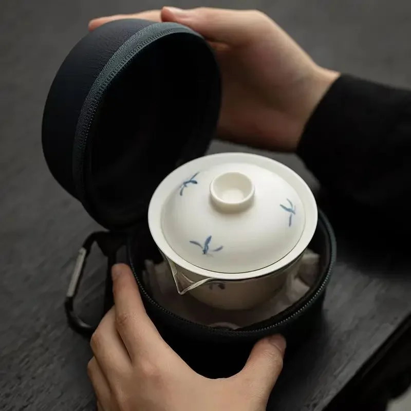 Hand Painted Orchid Travel Tea Set Suit Portable Portable Outdoor Tea Making Gaiwan Ceramic One Pot Fills Three Cups