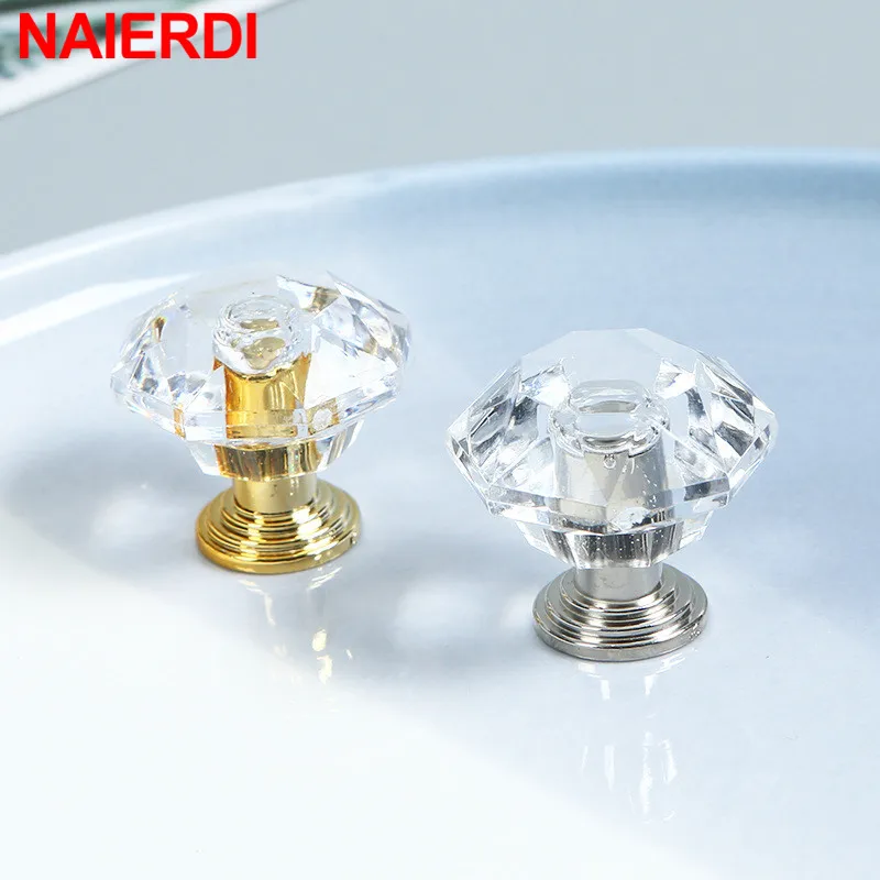 NAIERDI 10 Pack Colorful Acrylic Diamond Cabinet Knobs 26mm Gold Kitchen Handles Crystal Furniture Handle Cupboard Door Pulls