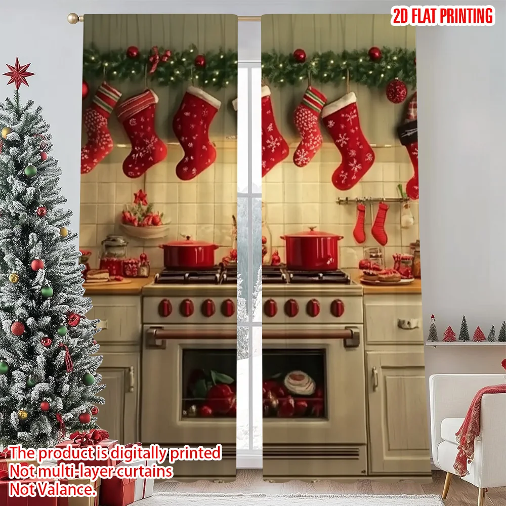 

2pcs 2D flat printing Merry Christmas Curtains Christmas8 Versatile 100% Polyester Without Electricity Spring Party & Holiday