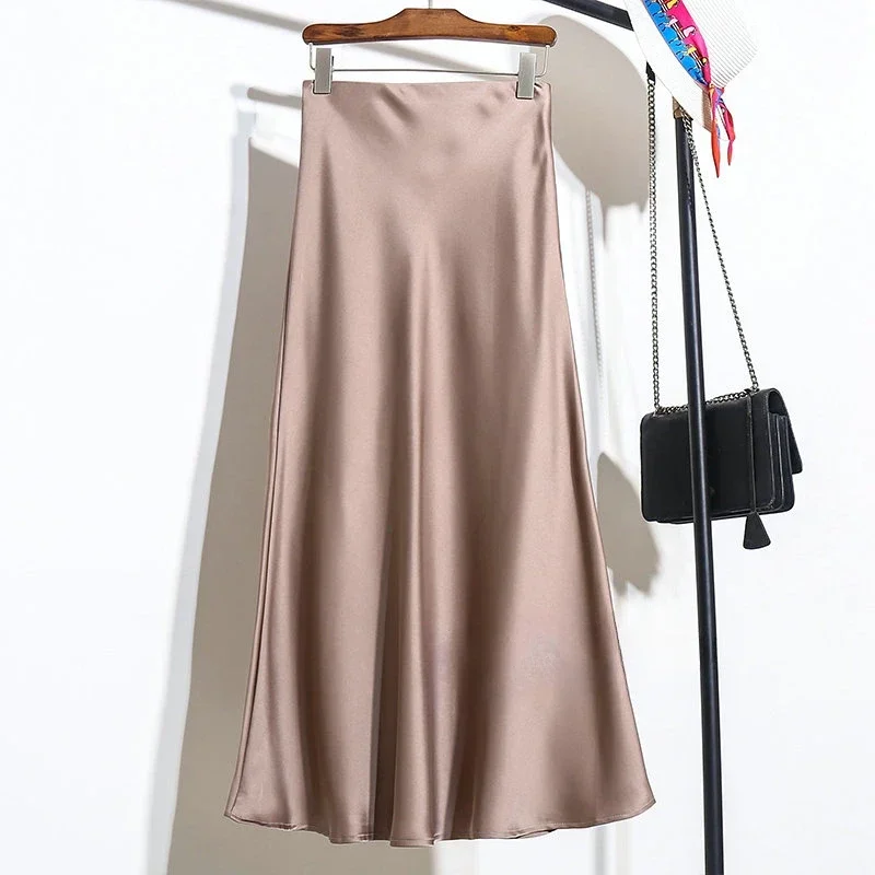 Elegant Satin Silk High-Waisted A-Line Skirt for Women Office Lady Long Elastic Waist Solid Color Summer 2026