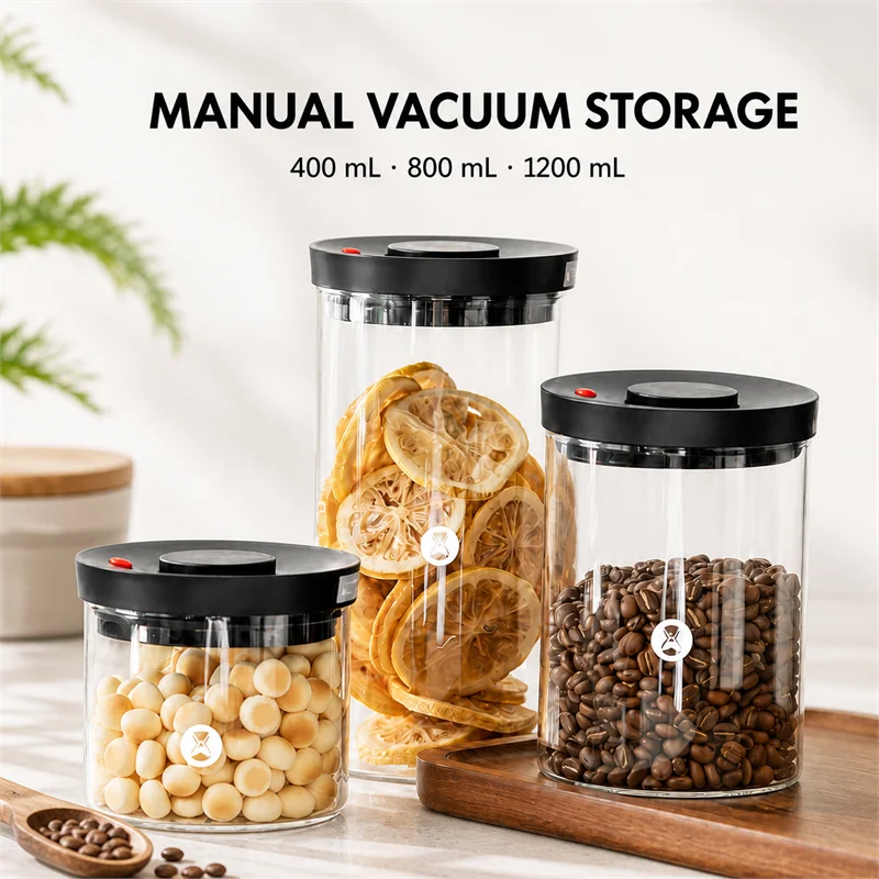 TIMEMORE Vacuum Storage Canister, Manual Glass Sealed Canister, Coffee Jar With One-Way Air Valve For Coffee,Tea, 400/800/1200ml
