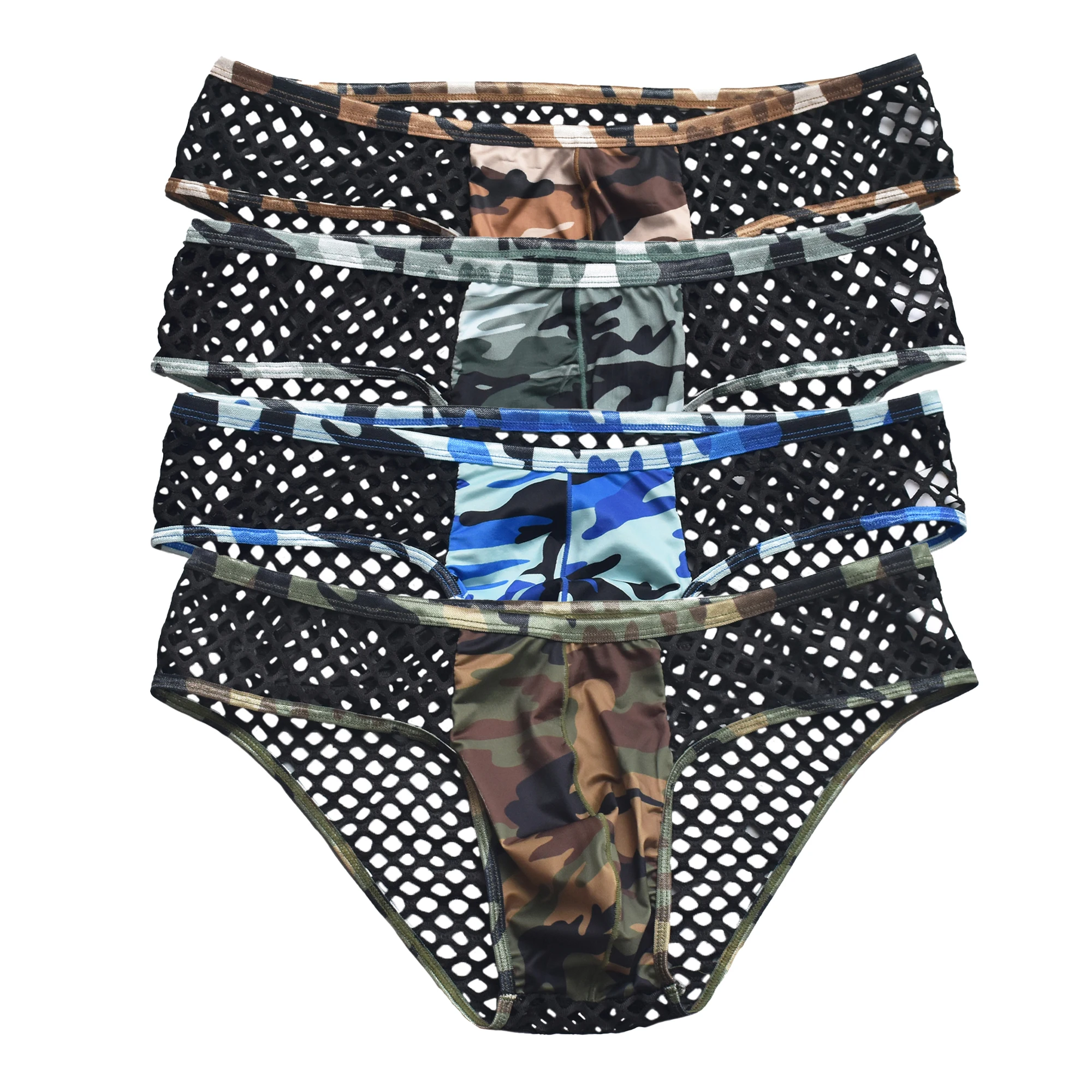 

4Pcs/Lot Sexy Fishnet Men's Underwear Camouflage Bulge Pouch Briefs For Men Breathable Low Rise Bikini Underpants Male Panties