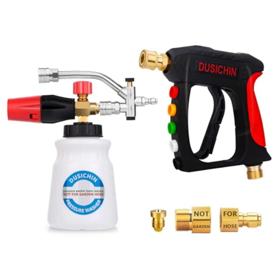 

Car wash foam cannon for pressure washer: aluminum body, black, 1/4 quick connector + 3/8 swivel connector, dual-connection com