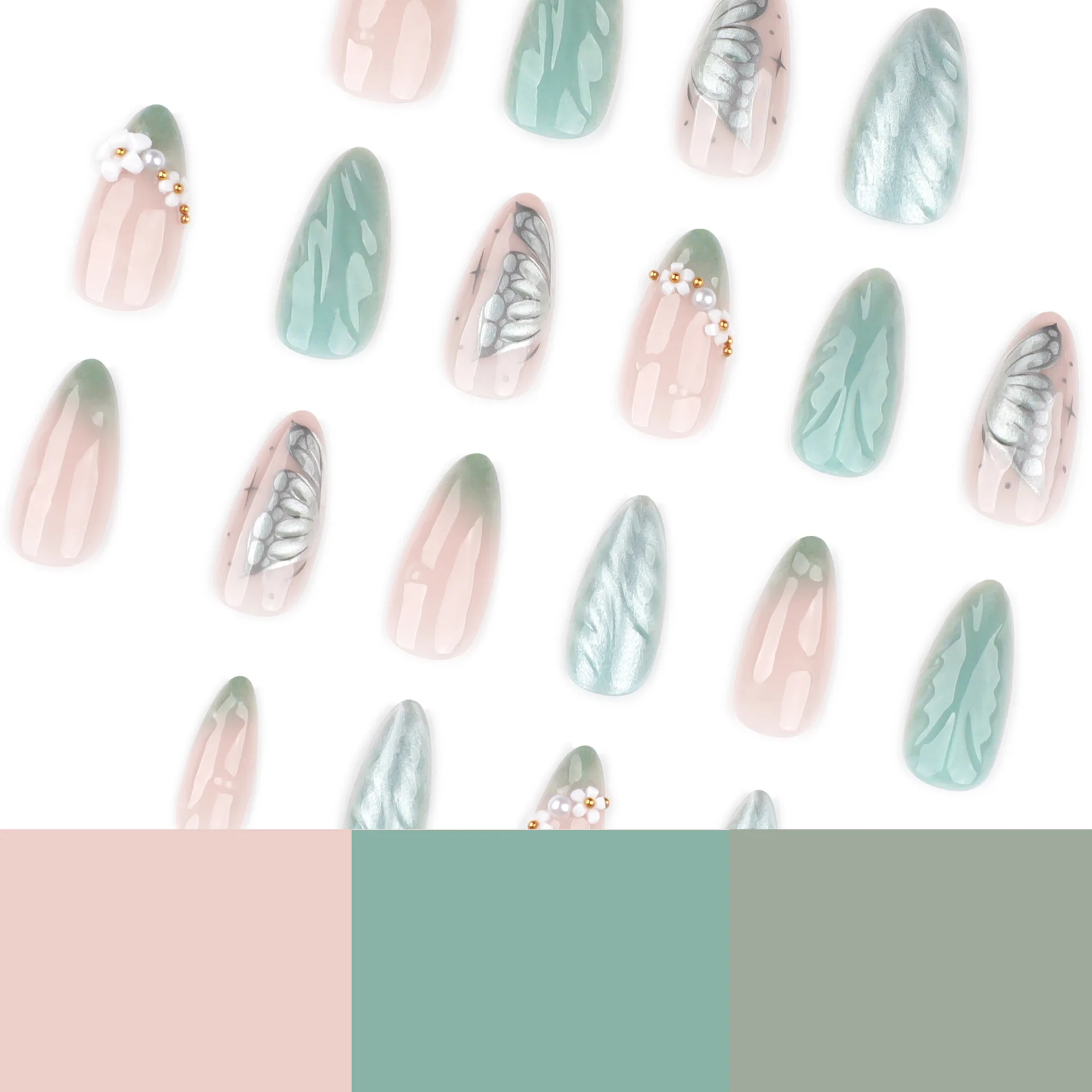 Faux ongles en amande verte fraîche, 24 pièces, avec motif floral 3D, à pression, pour filles, portant des patchs européens détachables