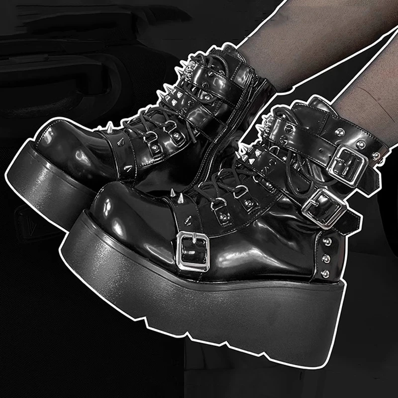 Women Punk Boots PU Leather Rivet Buckle Design Shoes Cool Retro Chunky Wedges Platform Boots Lace Up Casual Outdoor Shoes 35-40