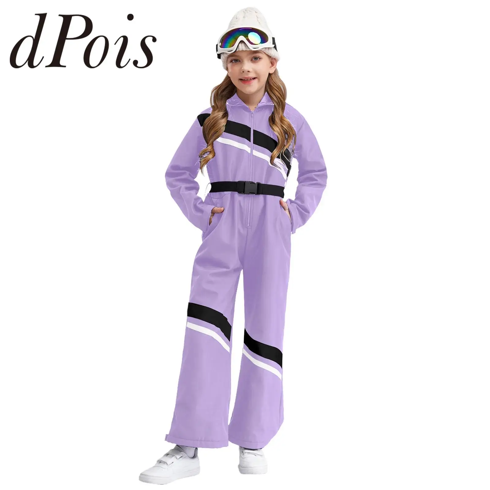 Kids Girls Ski Hooded Jumpsuit Pants Long Sleeve Zipper Color Block Skiing Bodysuit with Belt for Snowboarding Mountaineering