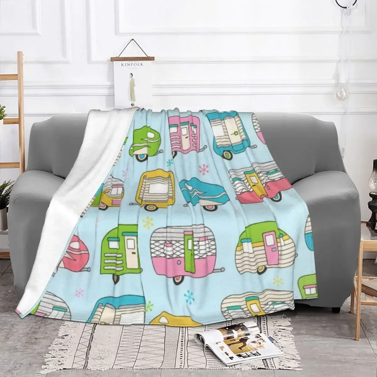 Cute Camp Caravan Fleece Blanket Camping Cartoon Fashion Throw Blankets for Home 150*125cm Plush Thin Quilt