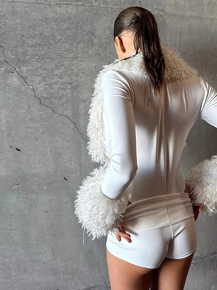 Kliou Sexy Mode-Bodysuits für Damen, Pelz-Patchwork, Tiefer Ausschnitt, Lange Ärmel, Eng Anliegend, Dehnbar, Trendy High-Street-Stil, Klassische Oberteile – Detail 19