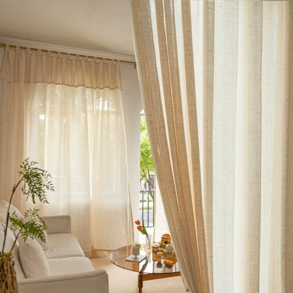 1pc Linen Curtain Drapes, Minimalist Style, Striped, Floor-Length, Living Room & Study, Simple Solid Color, Ready-To-Ship