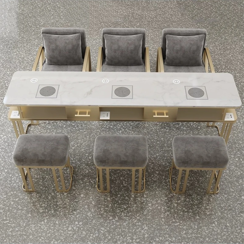 Economical Light Luxury Manicure Table with High Power Nail Dust Collector Built-in Power Sockets Marble Top Nail Workstation