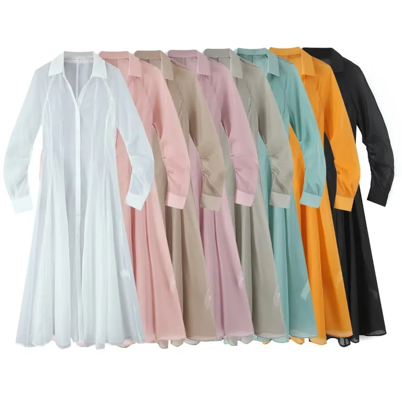 Guobioziy Summer Fashionable Translucent Feel Button up Polo Collar Long Sleeve Loose Waist Midi Shirt Dress for Women