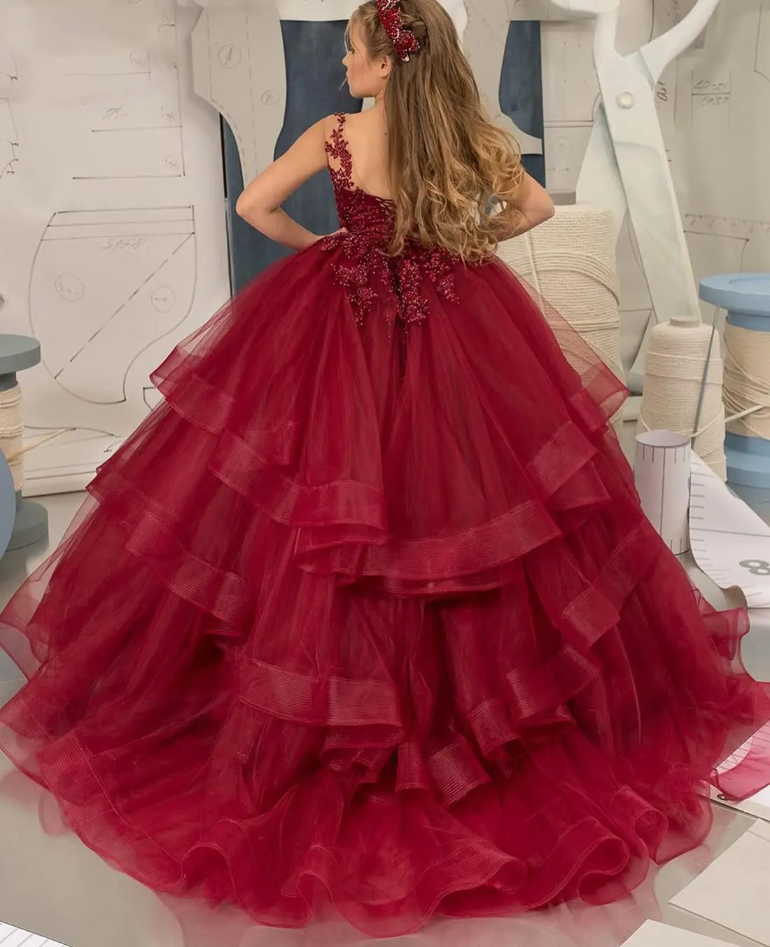 Abiti da ragazza di fiori senza schienale Appliques di perline abito da spettacolo in Tulle arruffato per bambini piccoli/grandi abiti da festa di compleanno principessa