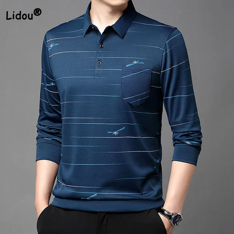 Fashion Spring Autumn Long Sleeve Men's Polo-Neck Shirt All-match Casual Pockets Spliced Printed Shirt Trend Male Clothes 2023