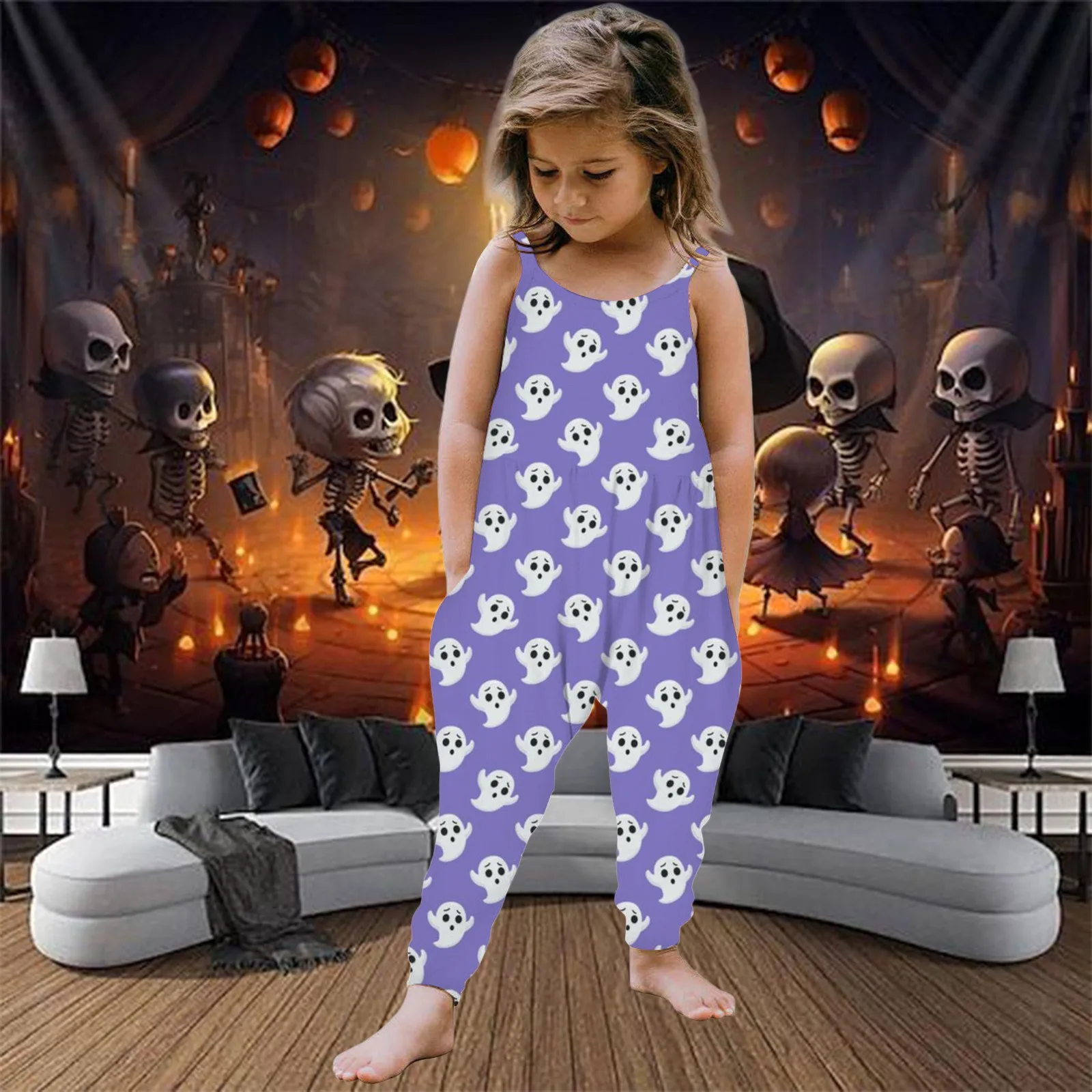 Halloween Autumn Baby Jumpsuit Jumpsuit Romper Casual Halloween Girl Full Ghost Prints Sleeveless Camisole Jumpsuit Halter Pants