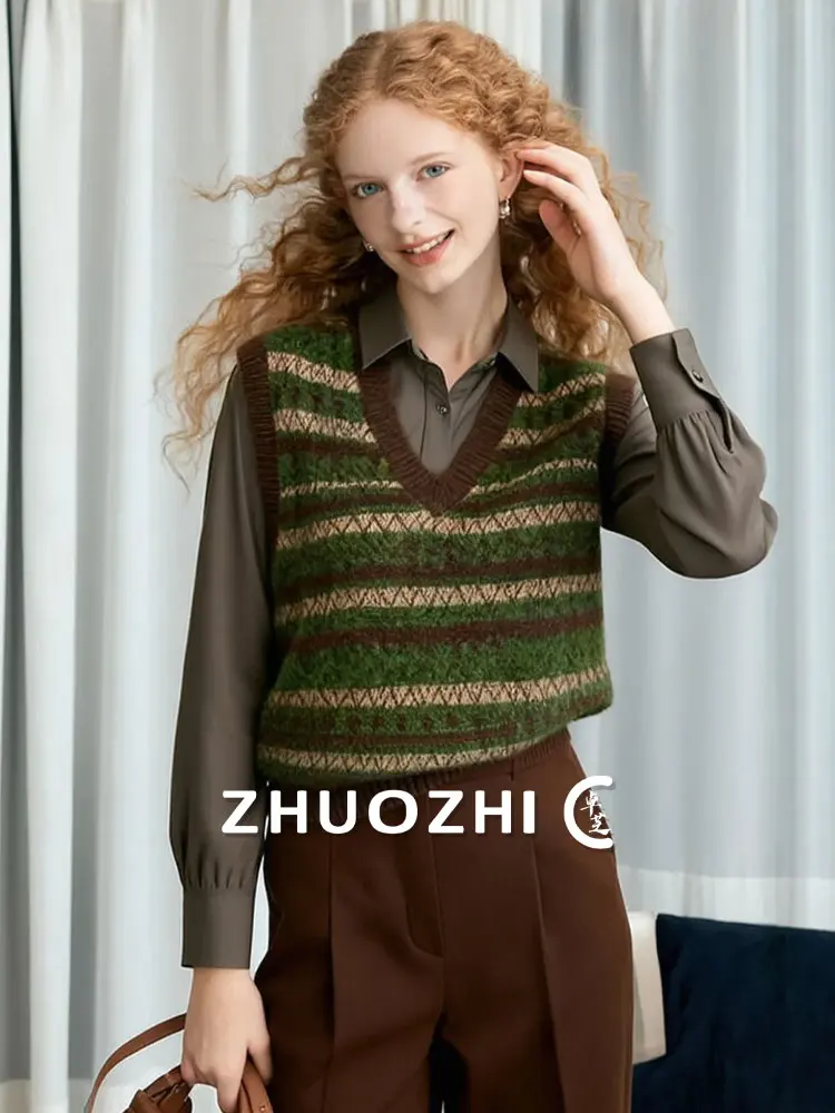 

ZhuoZhi Fair Isle Knit V Ne Pullover Soft Cozy Layering Top French Sle Regular Fit Autumn New Arrival Women's Faion