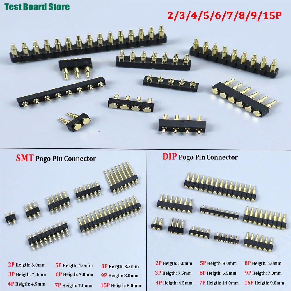 1Piece SMT DIP Pogo Pin Connector 2 3 4 5 6 7 8 9 15Pin Pogopin Battery Spring Loading Contact Test Probe 2.54mm Pitch