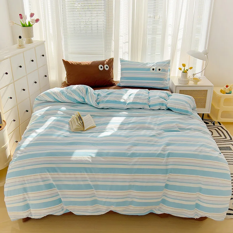 Blue Stripes Eyes Duvet Cover 4pcs Bedding Set Reversible Print Quilt Cover Polyester Comforter Cover 1 Flat Sheet 2 Pillowcases