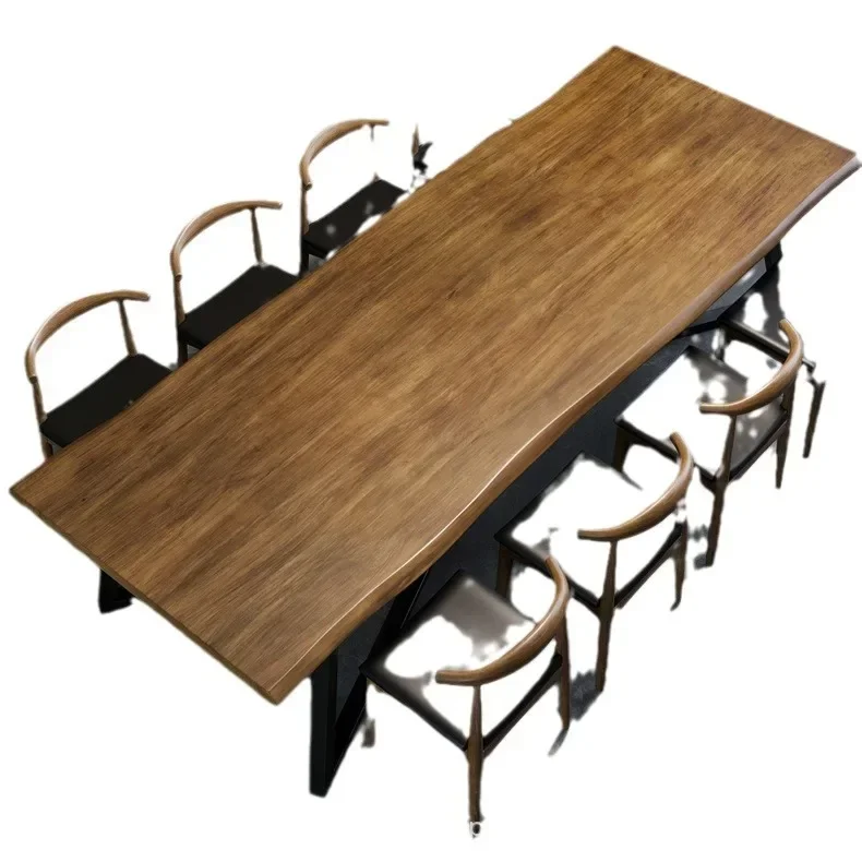 Industrial style retro casual solid wood conference table and chairs studio reception table walnut color