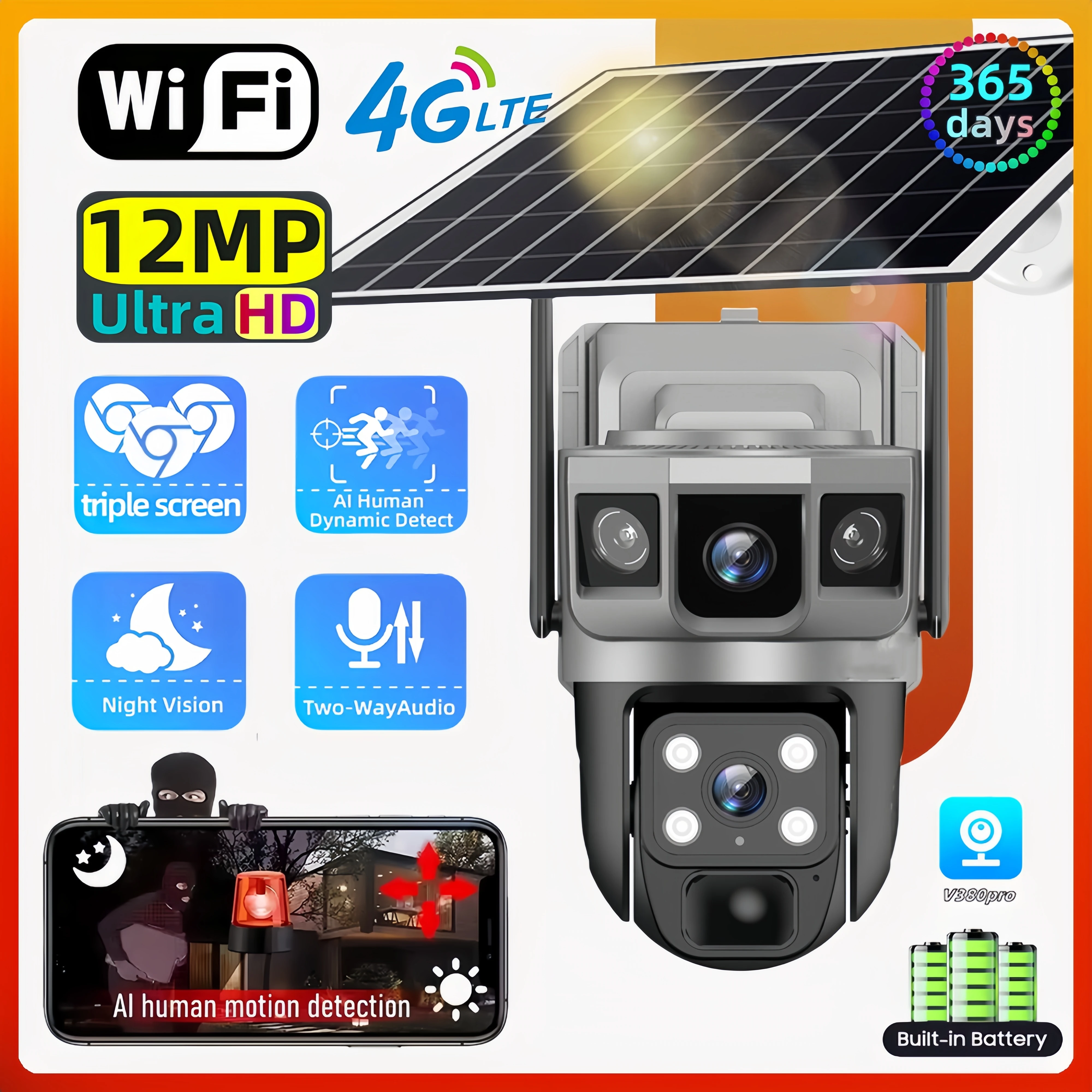 Cámara Solar CCTV con tarjeta SIM 4G, WIFI, 6K, 12MP, HD, Triple pantalla, seguimiento automático, PTZ, seguridad al aire libre, visión nocturna, vigilancia