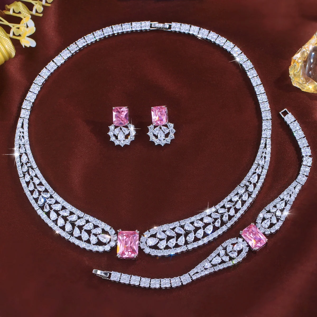 Pera Luxury 3Pcs Wedding Jewelry Set Shiny Cubic Zirconia Pink Square Drop Necklace Earrings for Bridal Party Accessory J061