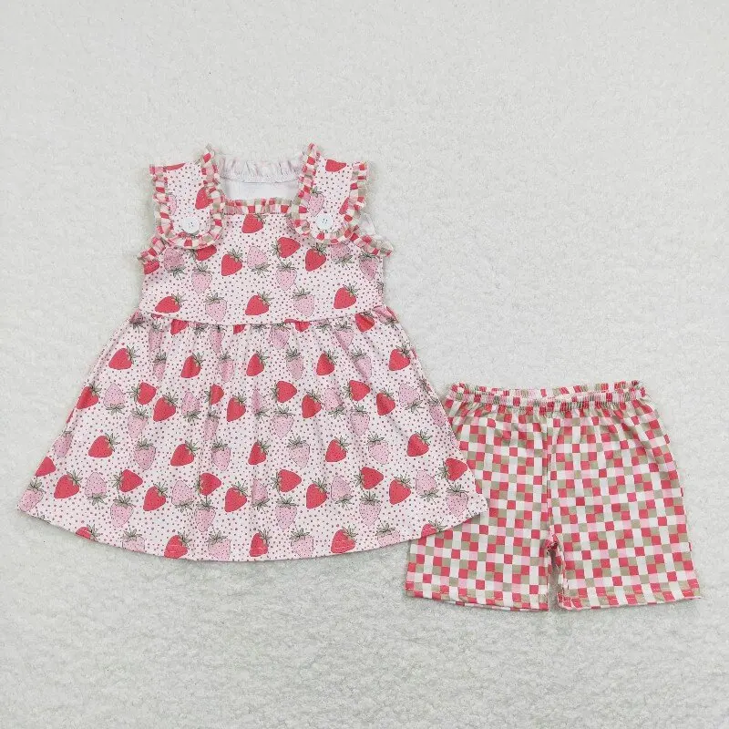 X12.23 GSSO0499 Summer Milk Silk Baby Girls Clothing Wholesale Strawberry Sleeveless Top and Red and Green Plaid Shorts Set