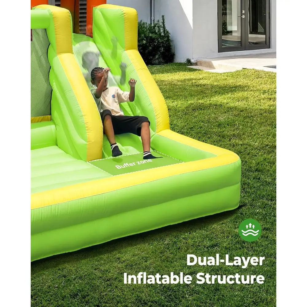 Springhuis met glijbaan, eetbaar springhuis voor kinderen van 3-12, buiten en binnen, 450W blazer, groen