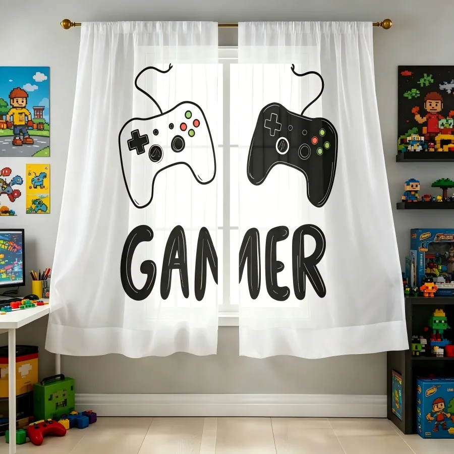 2PCS Digital Print Sheer Curtain, Black White Game Controller, Boho Chic Window Curtains for Living Room Bedroom Home Decor