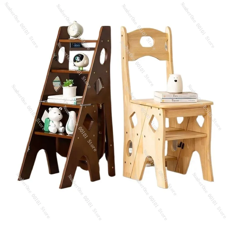 Solid Wood Folding Ladder Chair,Dual-Purpose Ladder Stool for Household Use,Stable Space-Saving Step-Climbing Seat Bookshelves