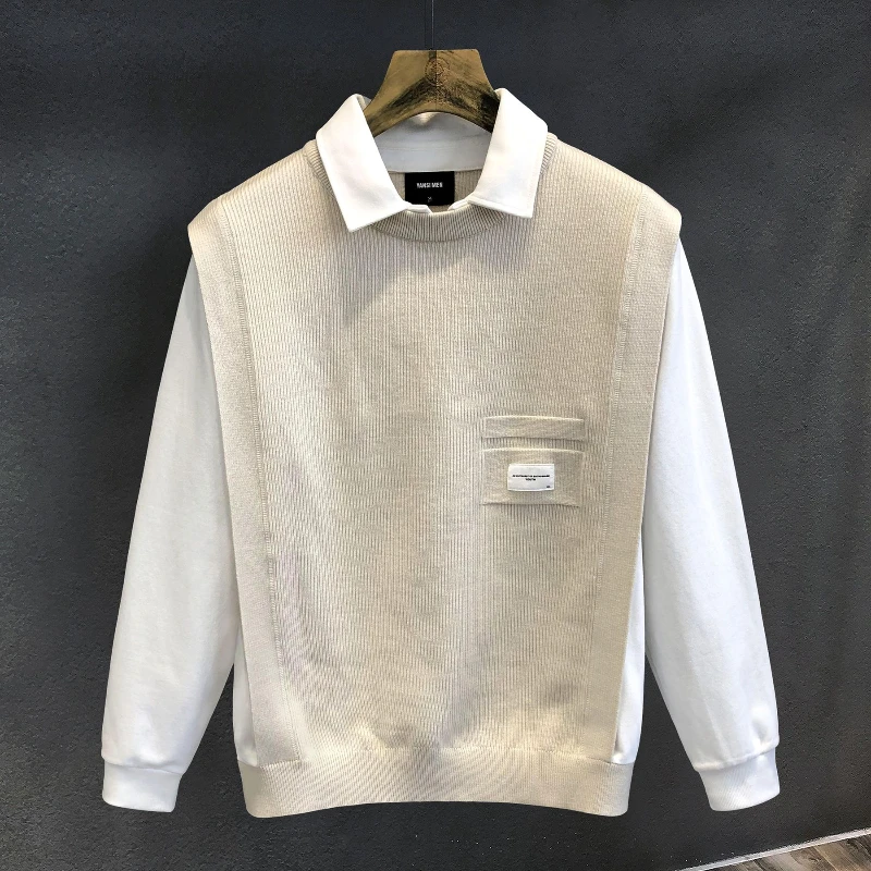 Jersey de manga larga con cuello vuelto para hombre, Jersey falso de dos piezas, ropa informal coreana, Tops de tendencia que combinan con todo, moda de otoño e invierno