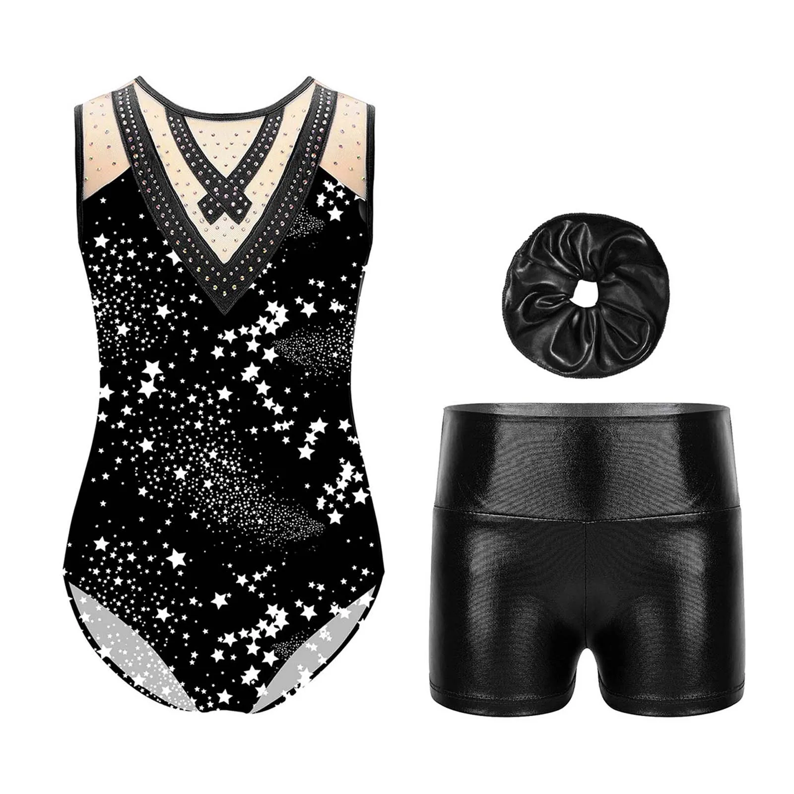 

3Pcs/Set Kids Girls Ballerina Dancewear Set Gymnastics Leotard with Shorts Outfit Print Rhinestones Bodysuit with Shorts Suit