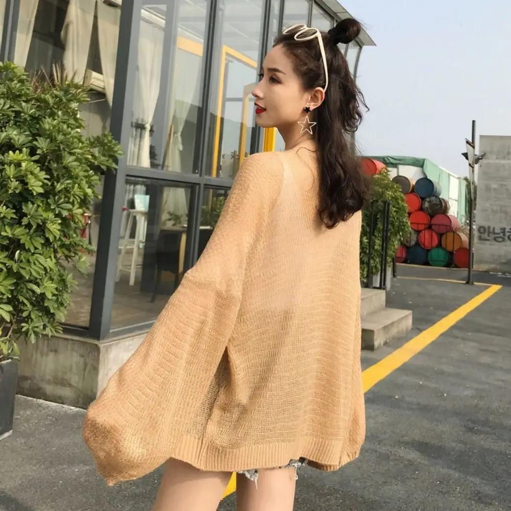 

Korean See Through Hollow Crochet Cardigan Thin Loose Knitted Crochet Top Beach Wear Long Sleeves Sun Protection Top Women