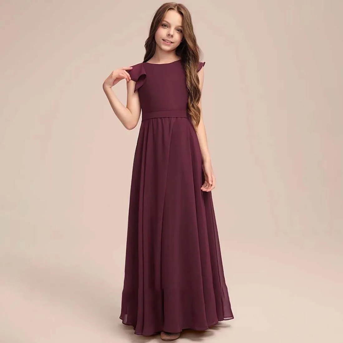 YZYmanualroom Chiffon Junior Bridesmaid Dress With Cascading Ruffles A-line Scoop Floor-Length 2-15T