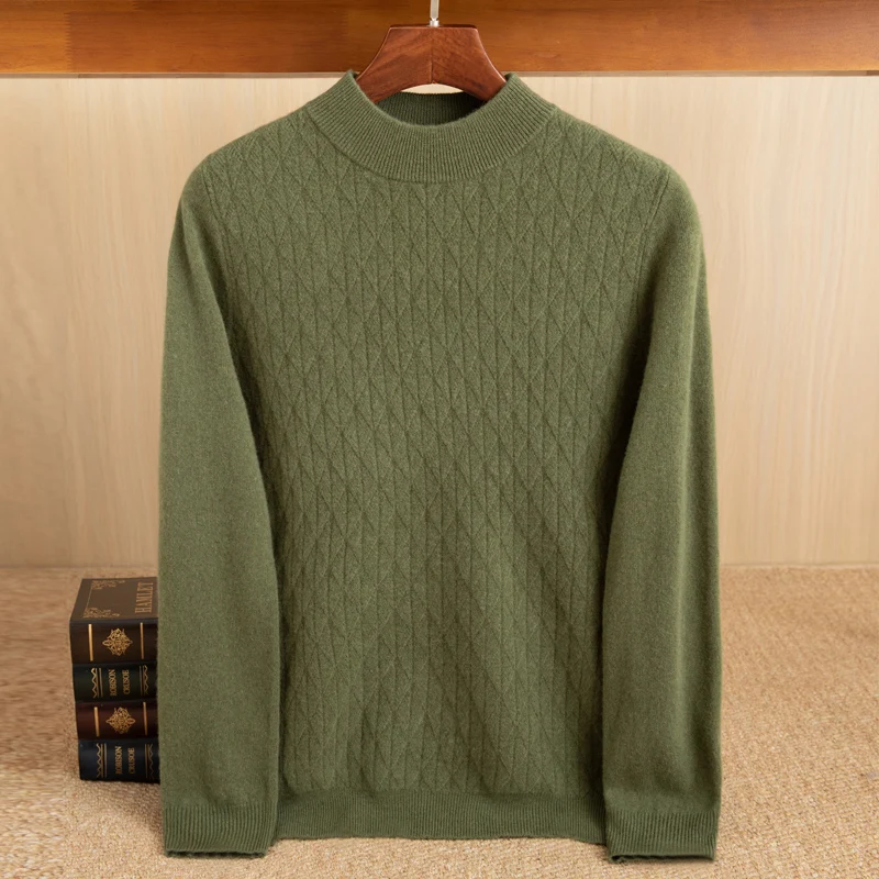 100% pure wool men's semi-high-necked thick diamond knitted sweater loose casual cashmere sweater in autumn and winter.