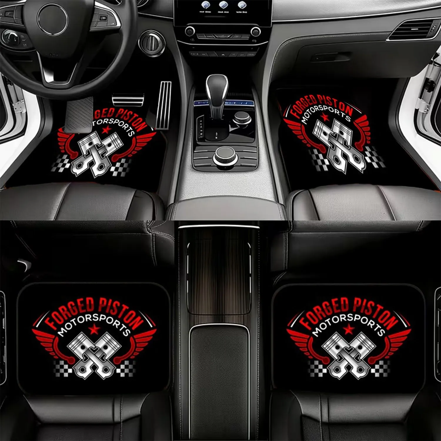4pcs Forged Piston Motorsports Car Floor Mats | Polyester Material, Racing-Themed Design With Pistons & Checkered Flags, Univers