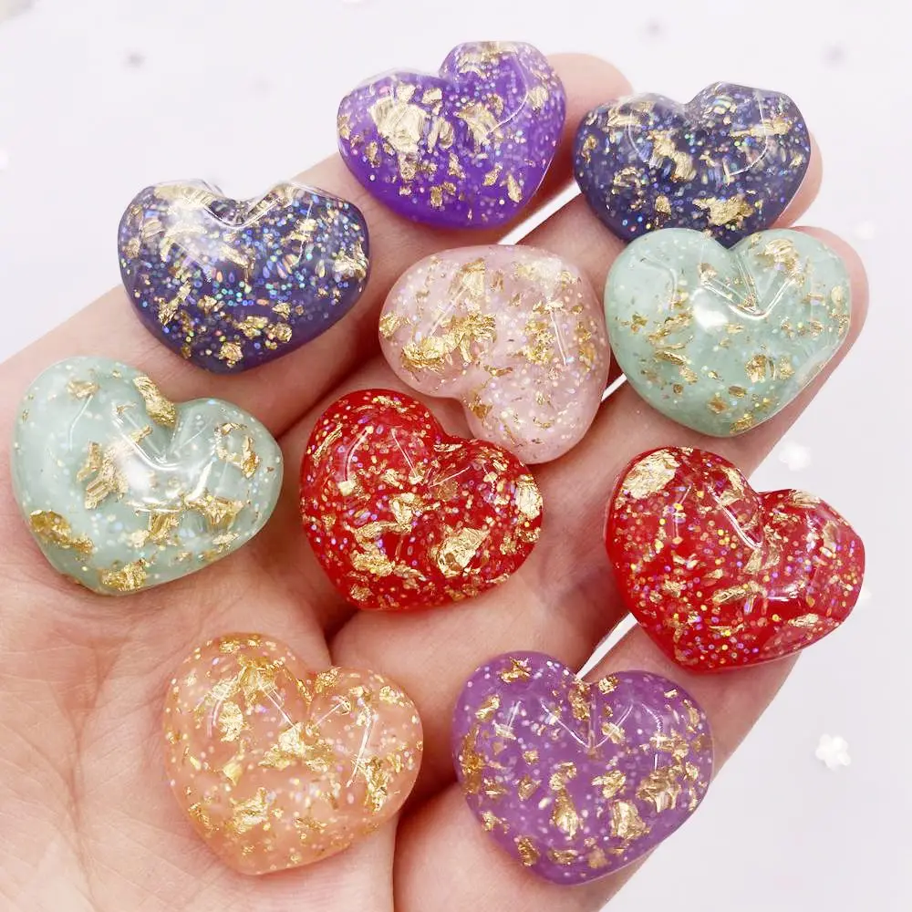 12Pcs Resin Glitter Filled Gold Foil Heart Gem Flatback Cabochon Rhinestone Scrapbook DIY Wedding Applique Ornament Crafts SL607